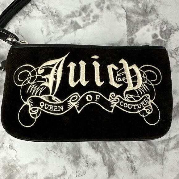 Vintage y2k Juicy Couture Brown Velvet Queen of Couture Wristlet Pouch Wallet - Picture 2 of 9
